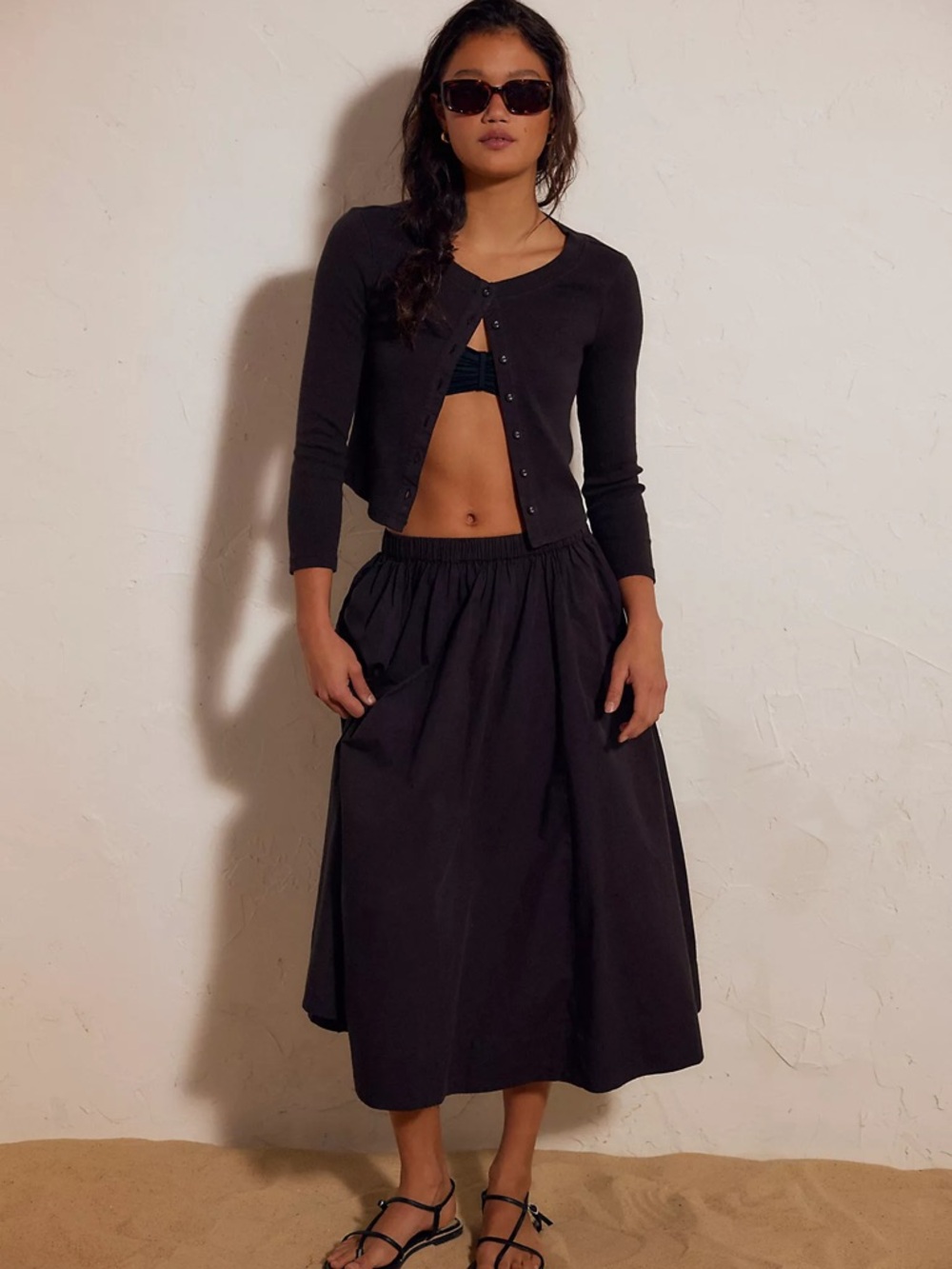 Free People Black Cropped Cardigan and Midi Skirt Set